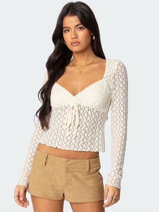 Edikted Tops - Edikted Laila Textured Lacey Top Cream Lace Front Tie V-Neck NWT Sz Small
